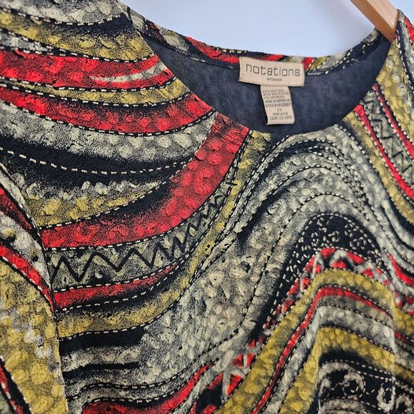 Notations Textured Top 2X Black Red Yellow 3/4 Sleeve Earthy Artsy Stretch Fall - Picture 5 of 9